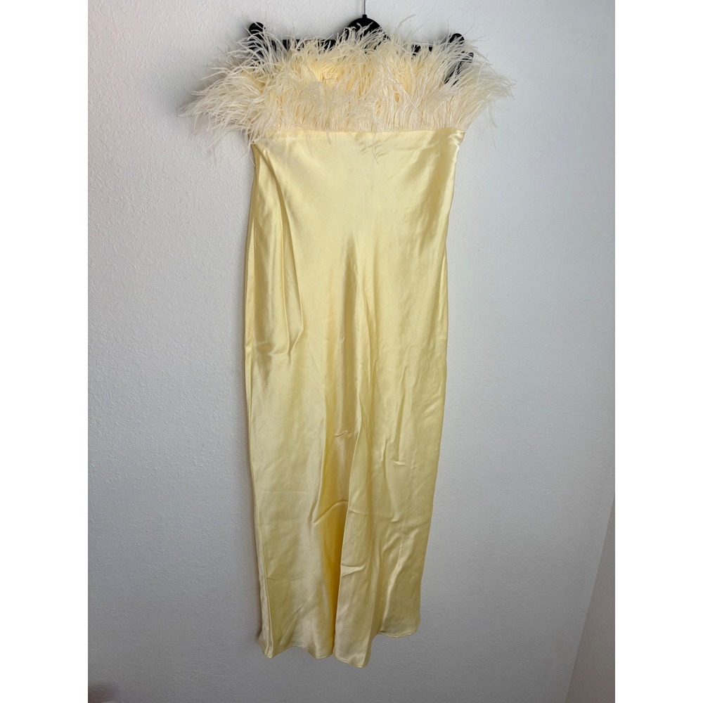 Zara Feather Trim Satin Midi Dress Medium Yellow Strapless Party wedding new - Picture 5 of 15